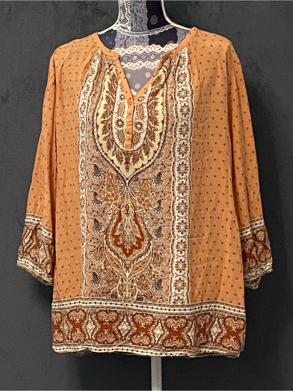 Lucy and Laurel Peasant Top Womens 2XL Peach White Floral Boho Blouse 3/4 Sleeve